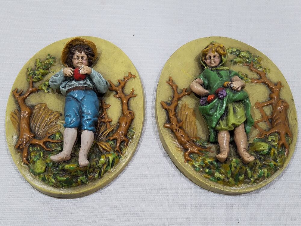 Vintage Little Boy and Girl in Vineyard Plaster Relief Plaques